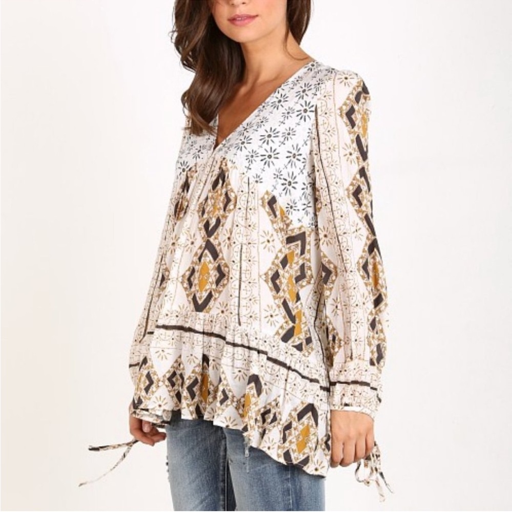 Free People 60's Down by the Bay Tunic Ivory Combo Top Size Large